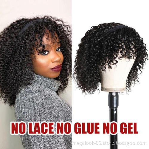 Human Hair Short Headband Bob Cut Wig With bangs,  Short Pixie Curls  Human Hair Bob Wig For Black Women